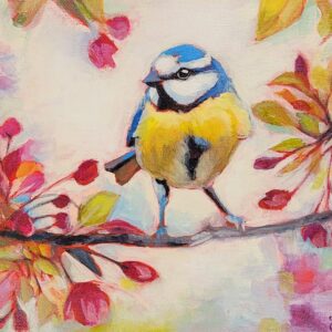 A painting of a small bird, a blue tit sitting on a branch, surrounded by leaves and pink buds and blossoms. The background is a soft mix of creams and pale pastel colours. The bird is blue, with a black and white face and yellow belly.