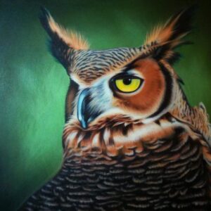 A painting of a great-horned owl's head and shoulders, looking over its shoulder. The owl has brown and black feathers with bits of white, and yellow-green eyes. The background is a soft mix of greens with a spotlight effect behind the owl's head.