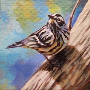 Painting of a small, black and white striped and patterned bird standing on a log. The bird is sitting on a branch with a textural blue and green background.
