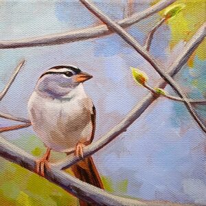 Painting of a small, light-coloured bird with black and white stripes on its head. The bird is sitting on a branch with a textural blue and green background.