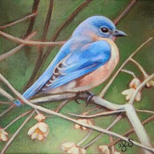 A painting of a blue bird with a peachy belly perched on a bare branch and surrounded by pale-coloured, dried out flowers. The background is a soft mix of greens.