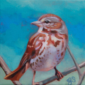 A painting of a reddish-brown speckled bird with a blue-sky background.