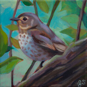 A painting of a small brown bird with a speckled chest, perched on a fallen log, with leaves and blue sky in the background.