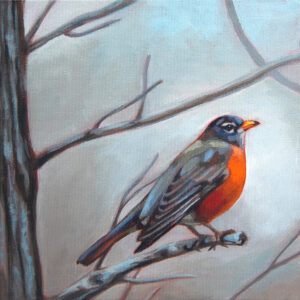 Painting of an American robin with a bright red-orange belly standing on a bare branch. The tree trunk runs up the side of the image and the background is a soft mix of cream, grey and beige.