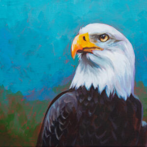 Painting of a bald eagle's head and shoulders with a blue and green background of sky and trees.