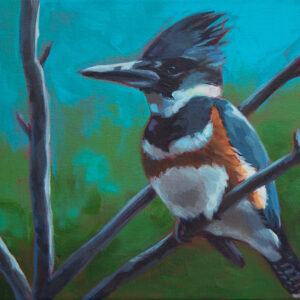 Painting of a kingfisher sitting on a bare branch with a blue and green background of sky and trees. The kingfisher is blue-grey, white and brown, has a tall crest on its head and a long beak.