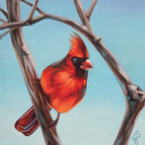 Painting of a male cardinal standing on a bare branch. The background is a pale cool mix of blues and cream.