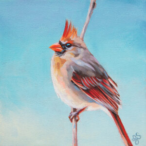 Painting of a female cardinal standing on a small branch. The background is a pale cool mix of blues and cream.