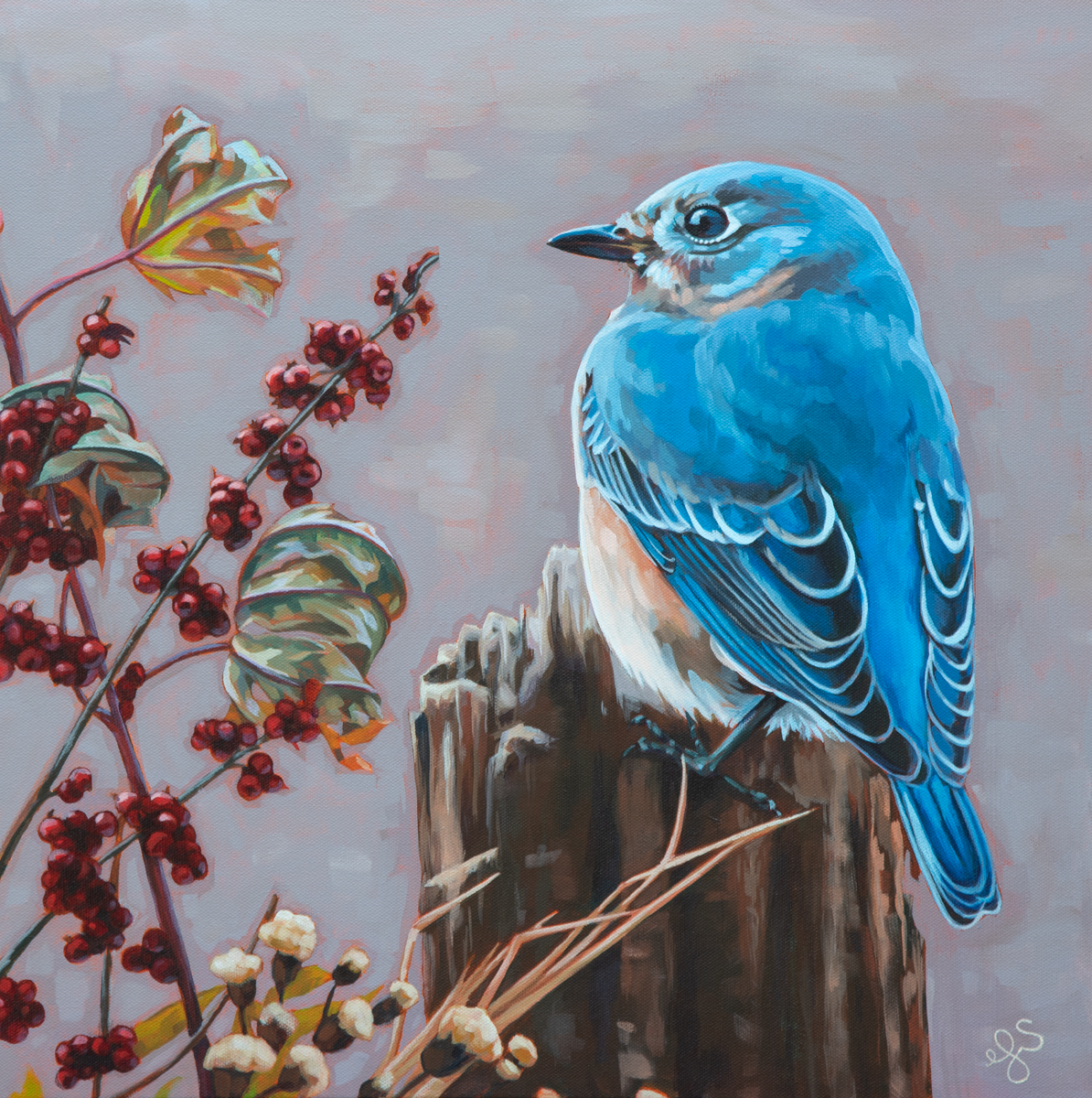 Painting of an Eastern Bluebird standing on a tree stump, with red berried and dried, curled up leaves beside it.