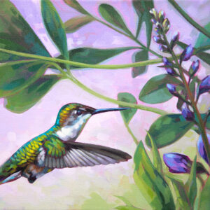 Painting of a female Ruby-throated Hummingbird, flying. In the background are green leaves and purple flowers.