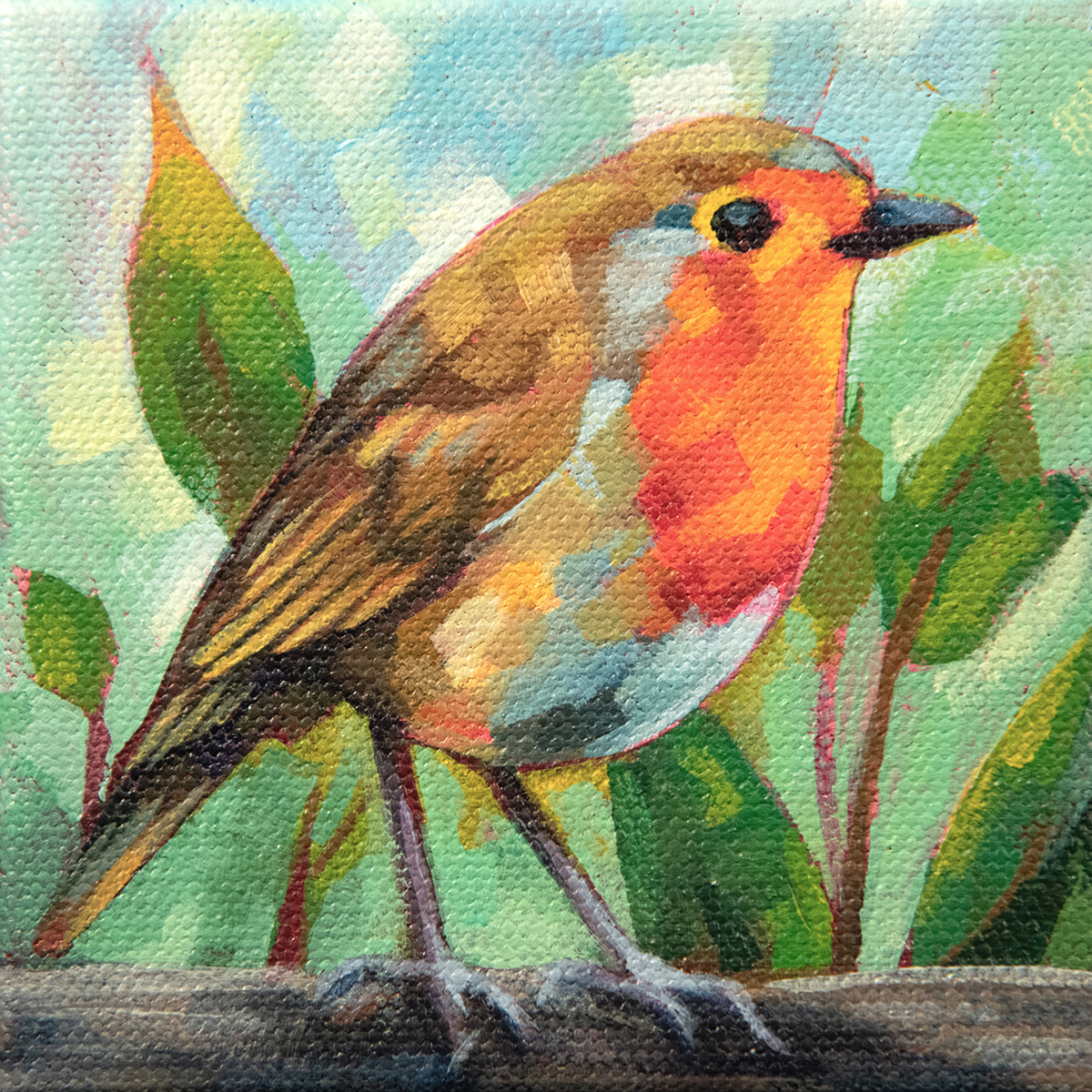A painting of a European Robin on a log with leaves in the background.