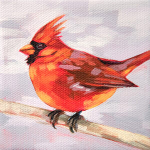 A painting of a Northern Cardinal on a branch in winter.