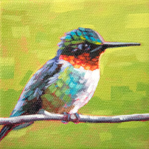 Painting of a Ruby-throated Hummingbird perched on a thin branch.