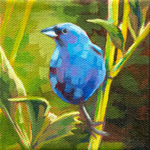 A painting of an Indigo Bunting perched on a plant stem with a green background.