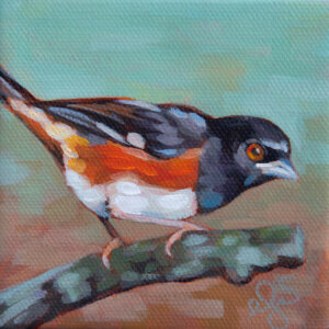 A painting of an Eastern Towhee on a broken branch.