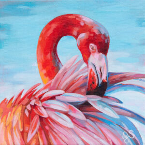 A painting of a pink flamingo, with his neck bent down towards its feathers on its back.