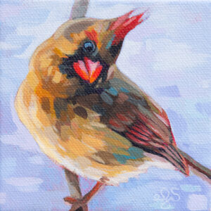 A painting of a female Northern Cardinal on a branch with a wintery background.