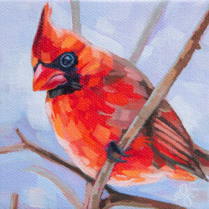 A painting of a male Northern Cardinal on a branch with a wintery background.