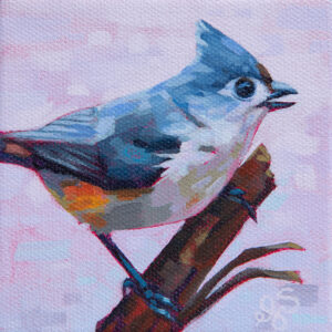 A painting of a tufted titmouse, perched on a broken branch with a wintery background.