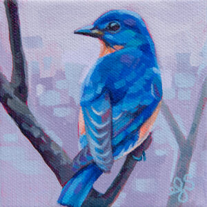 A painting of an Eastern Bluebird on a wintery branch.